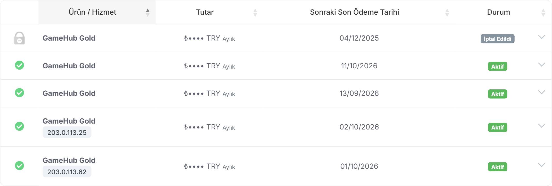 Hizmetlerim listesi — sunucunuzun satırına tıklayın