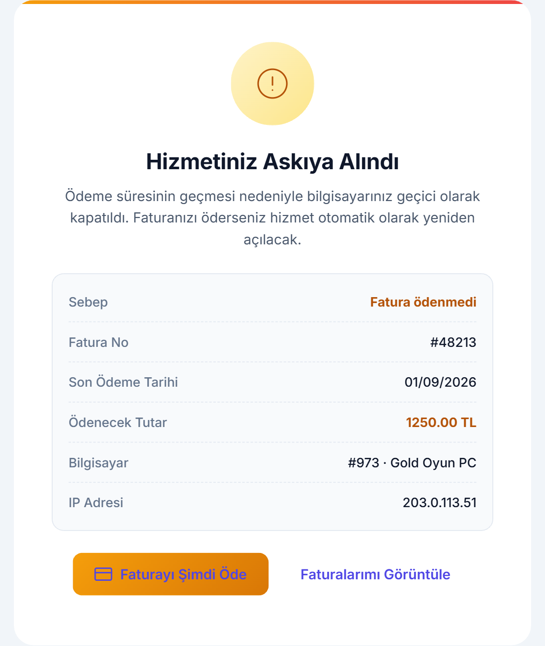 Hizmetiniz Askıya Alındı kartı