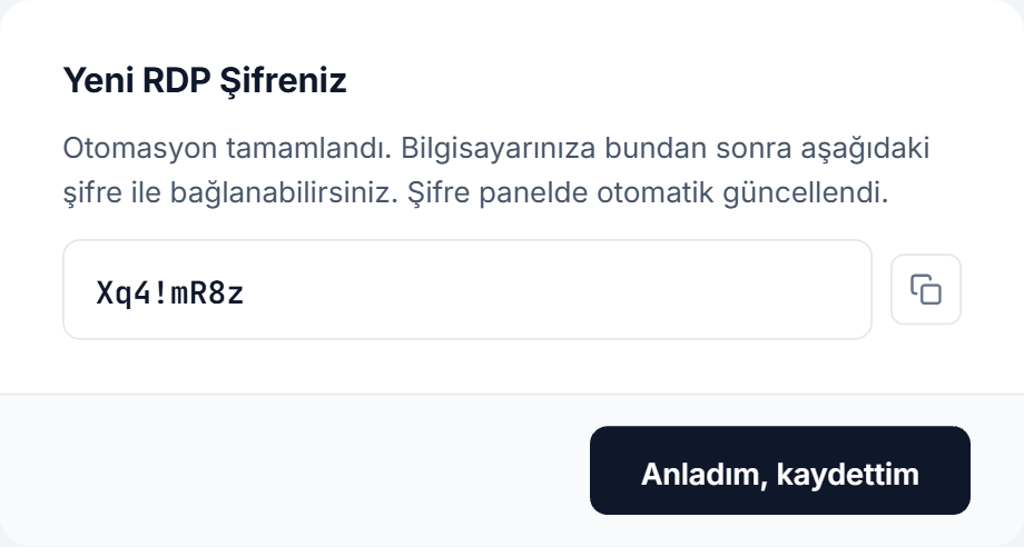 Yeni RDP Şifreniz penceresi